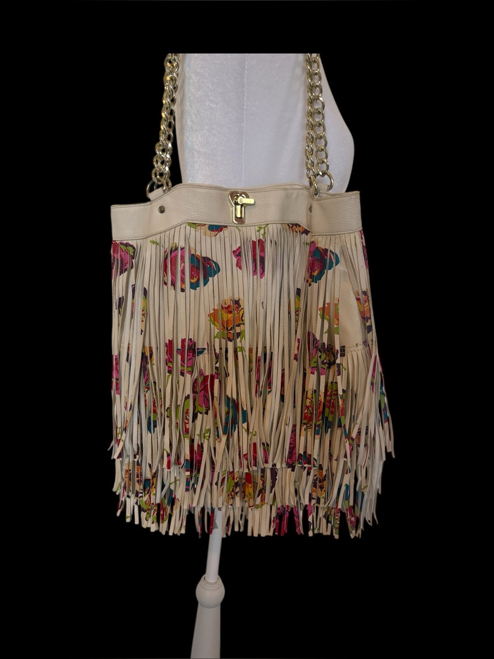BETSEY JOHNSON BOHO CHIC Leather fringe Floral Tote Bag - Cream/Multi color